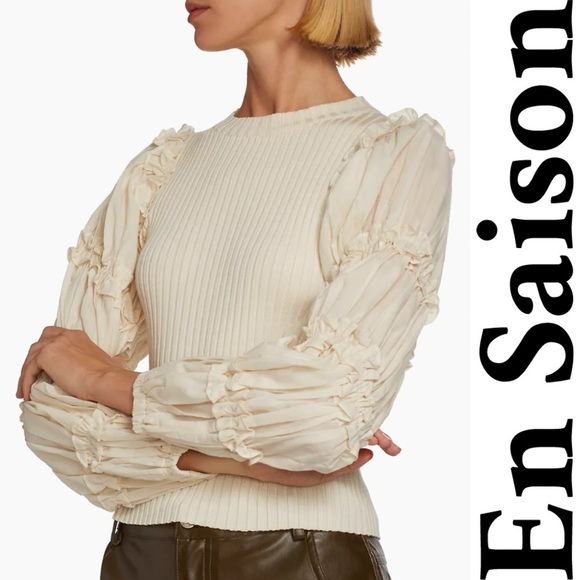 En Saison Lucille Mixed Media Ruffle Poplin Sleeve Blouse - Picture 16 of 16